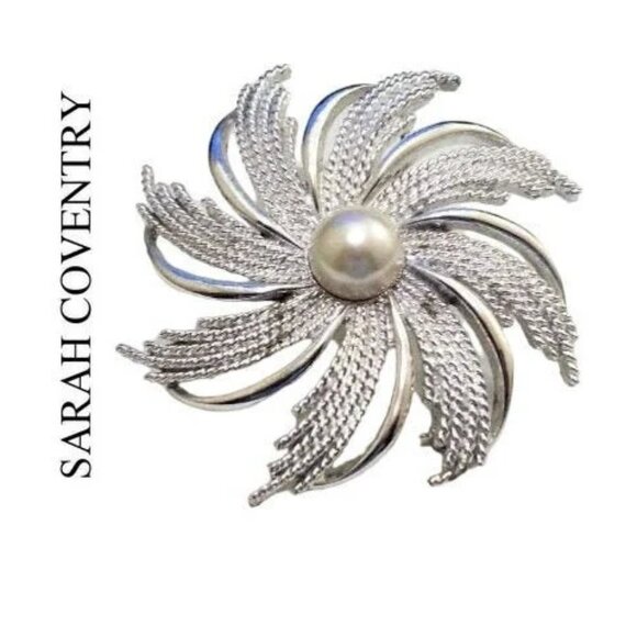Sarah Coventry Spiral Pearl Pinwheel Pin Brooch Silver Tone - Picture 1 of 5